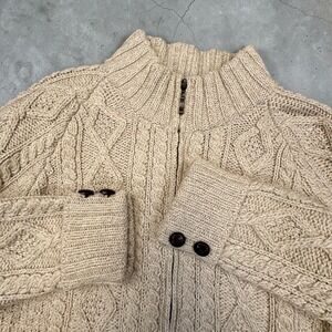 Inis Crafts Cardigan Women L (Slim‎ Fit) Beige Merino Wool Full Zip Cable Knit